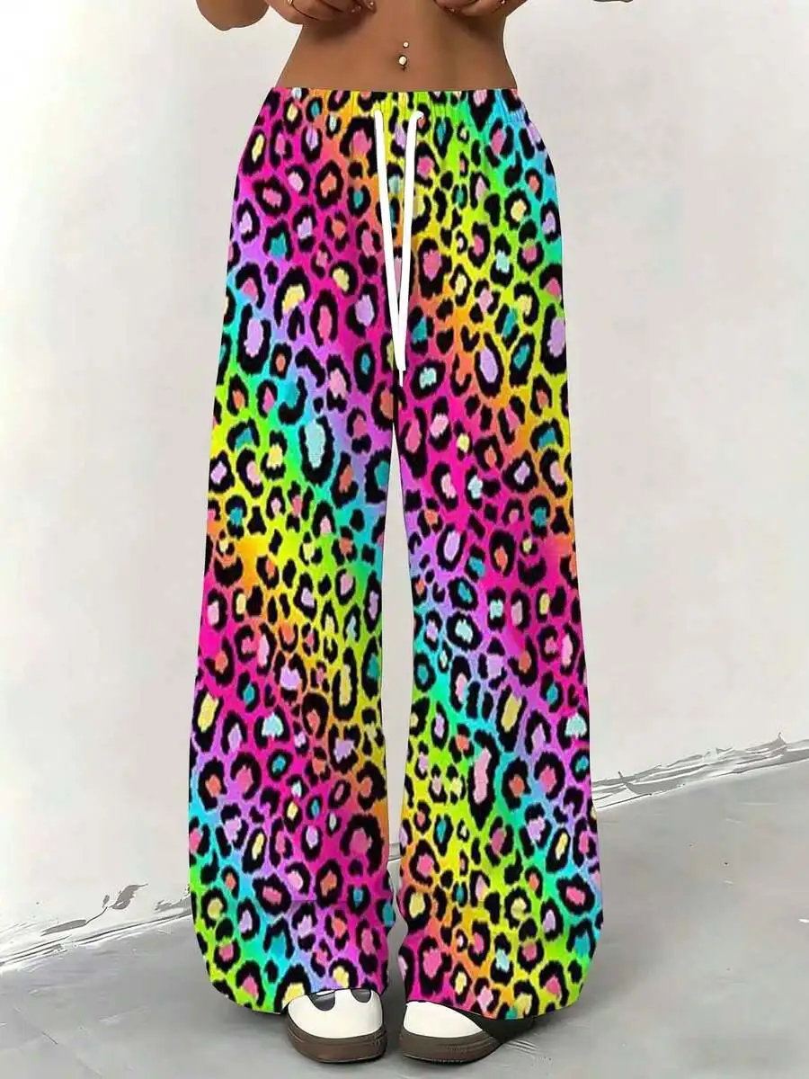 

Womens Rainbow Leopard Print Wide Leg Loose Casual Pants