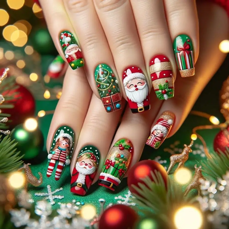 

24pcs Christmas Gift Press on Nails Winter Santa Claus Penguin Pattern False Nails Wearable European Long Coffin Fake Nail Tips
