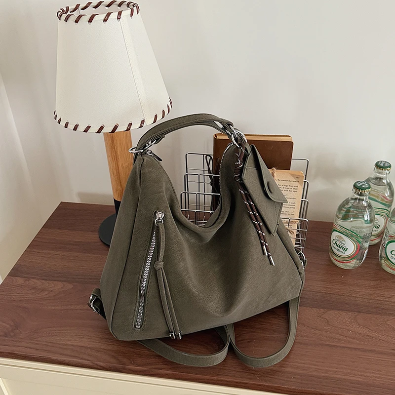 Vintage Distressed Faux Leather Hobo Bag Women Multi Zipper Pocket Shoulder Bag Adjustable Strap Crossbody Underarm Bag