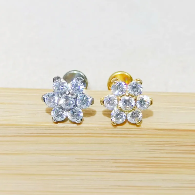20pcs G23 Titanium F136  CZ Flower Internal Thread Lip Labret  Bar Ear Cartilage Helix Rook Tragus Studs Body Piercing Jewelry