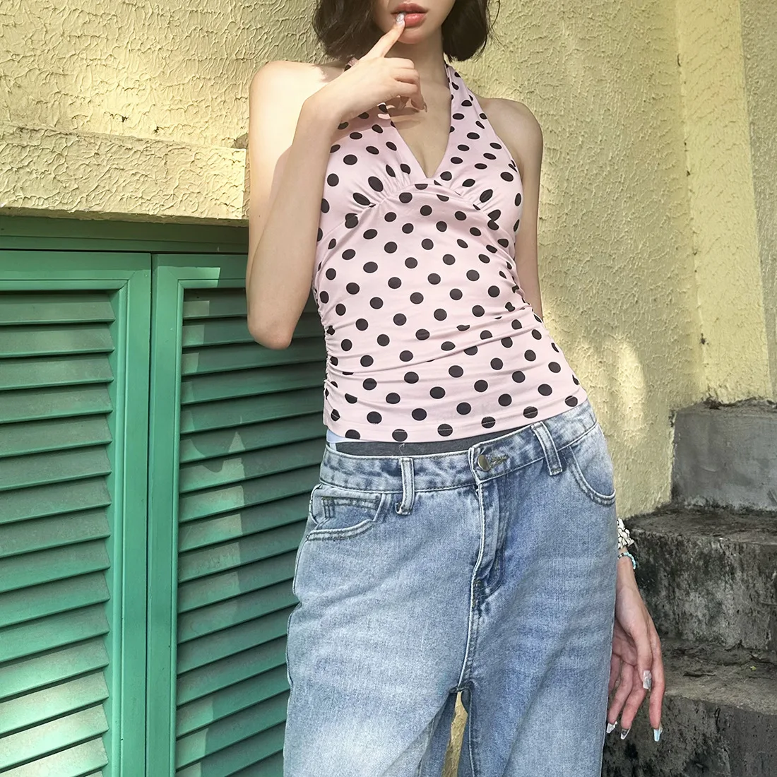 Damen-Top mit V-Ausschnitt, offenem Rücken, Schnürung, Polka-Dot-Muster, figurbetont, Tank-Top-Stil, Y2K-Sommermode, Alltags-Streetwear, Basic-Oberteil. – Detail 16