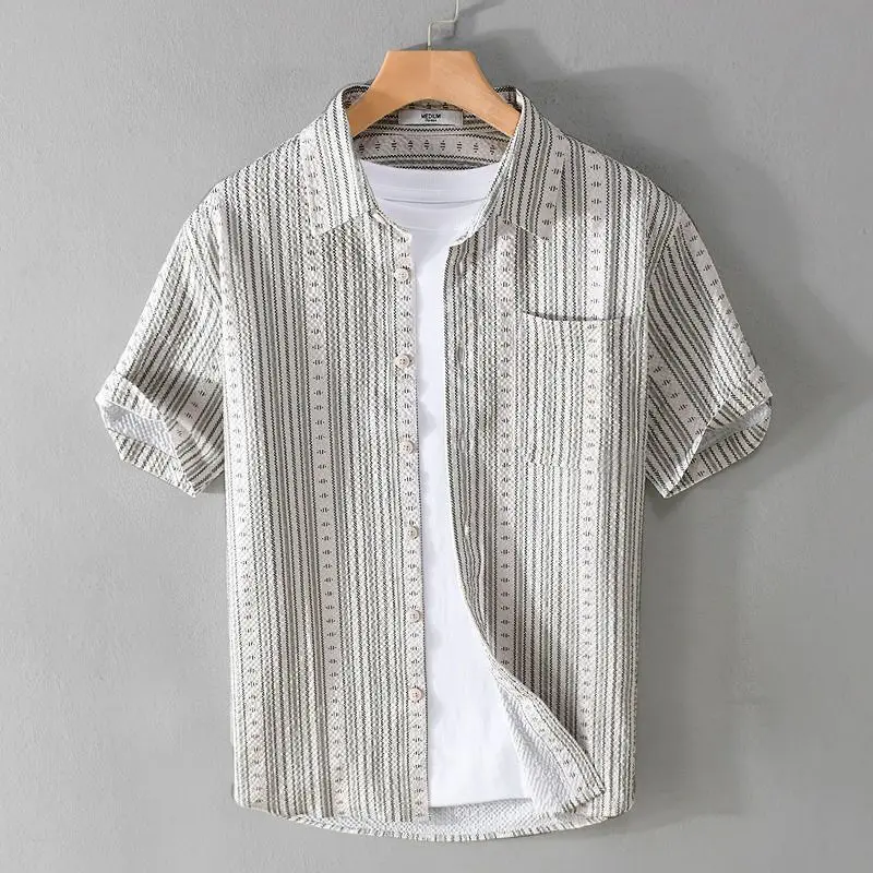 GELITAYIN Summer Striped Shirt Breathable Bubble Texture Button Up Pocket Short Sleeves Shirt Men's Hawaiian Vintage Beach Top