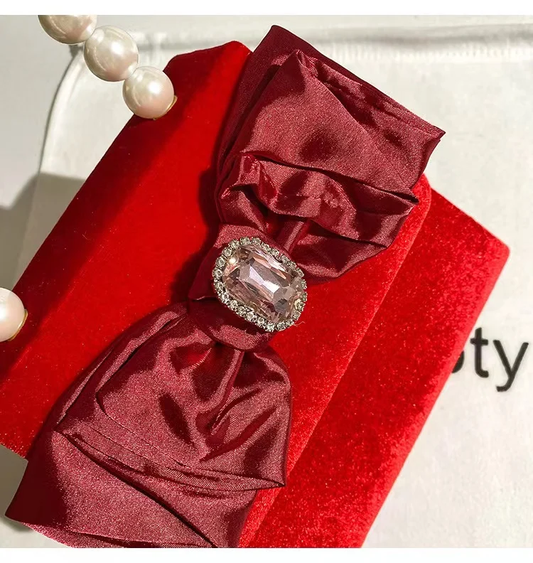 

Red Velvet Square Bag Pearl Beaded Handheld Women Handbag Satin Bow Knot Evening Bag Wedding Party Clutch Purse Crossbody Bag