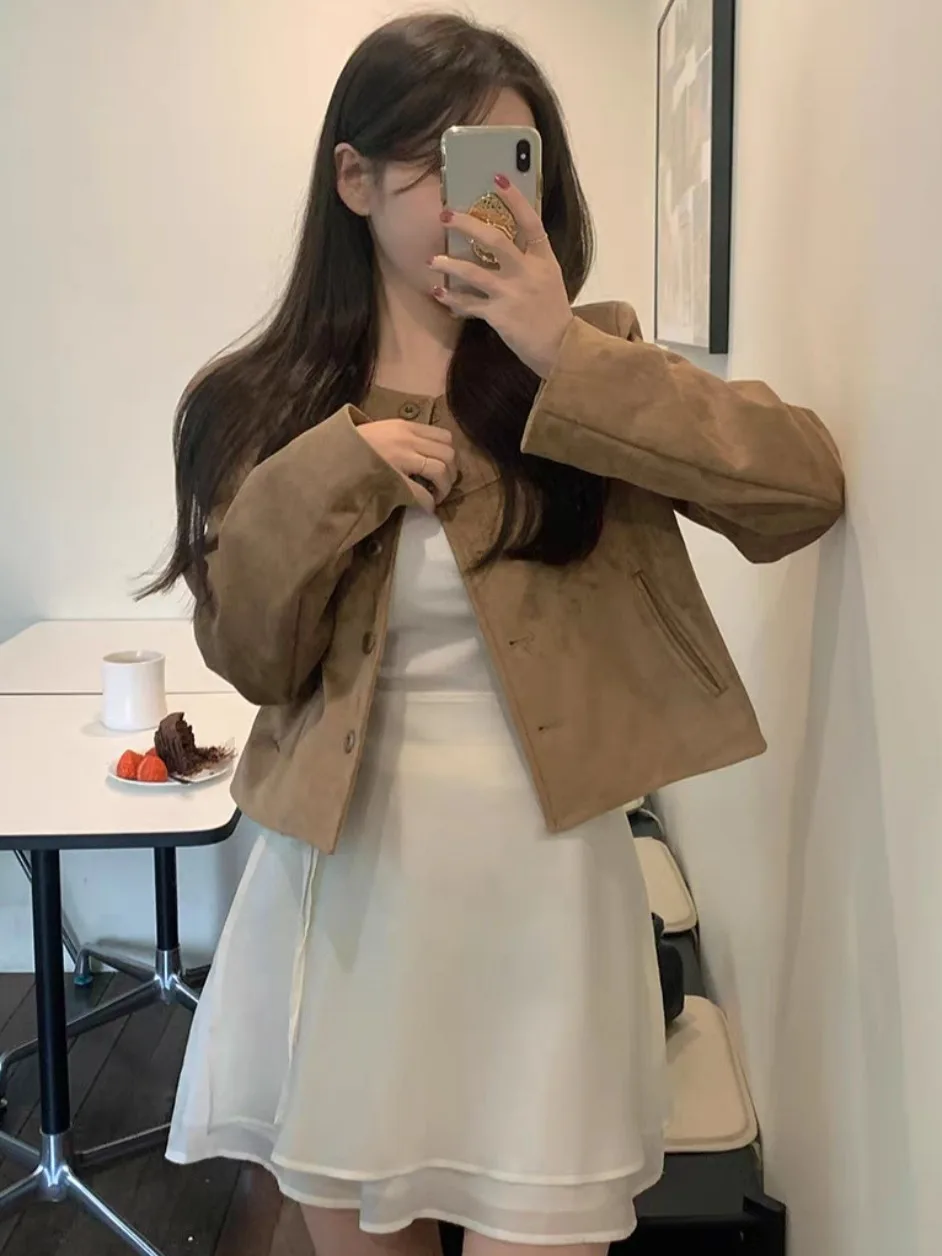 Effetto dimagrante Pelle scamosciata vintage Jaet ort round Ne Top da donna Dongda Gate High End Feel Commute Sle Autunno Inverno Cappotto