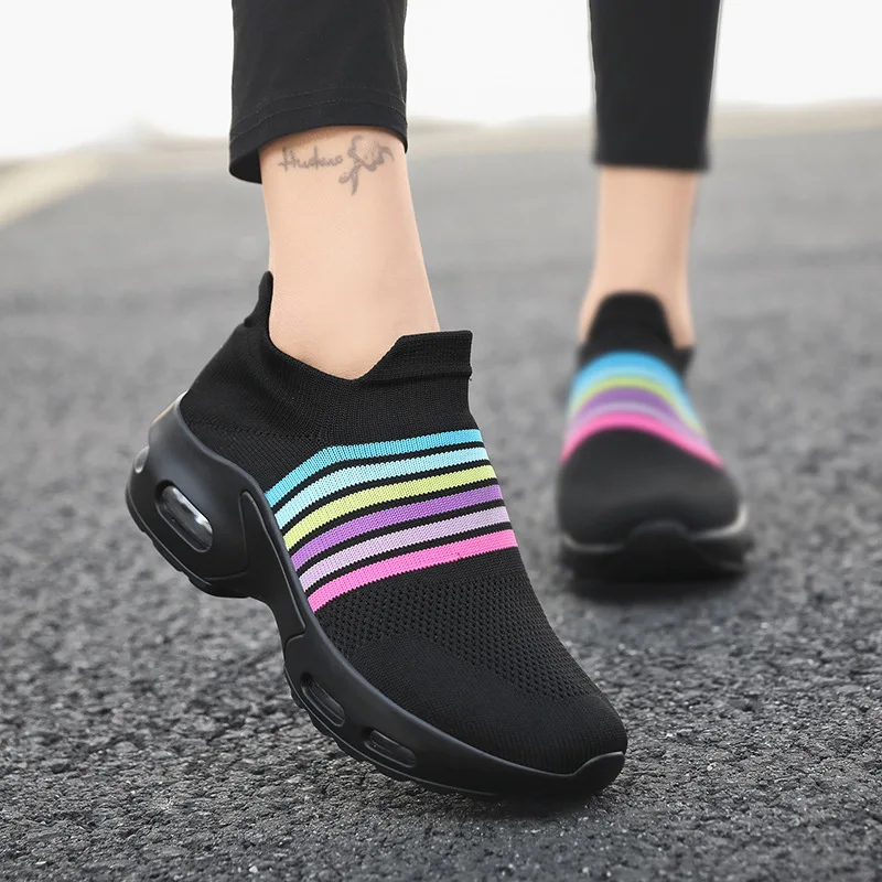 

Fashion Women Walking Shoes Striped Sports Shoes Air Cushion Casual Socks Sneakers Plus Size Flying Woven Slip on Rock Shoes