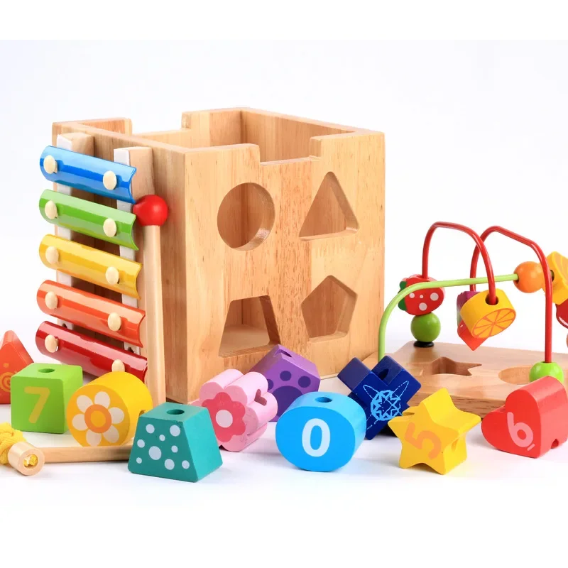 New Arrival 5 In 1 Multi-function Box Beech Wood Toys Digital/Beads/Xylophone/ Blocks Learning Box  Educational Gifts 