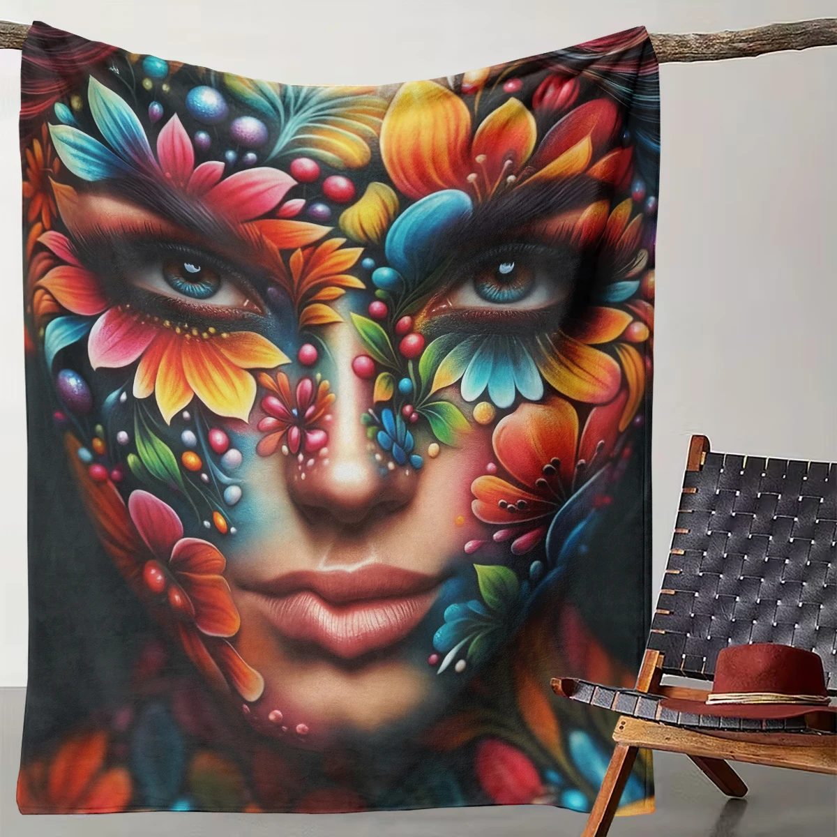 

1 Piece of Colorful Floral Facial Painting Art Blanket, Fashionable Art Home Decoration Blanket