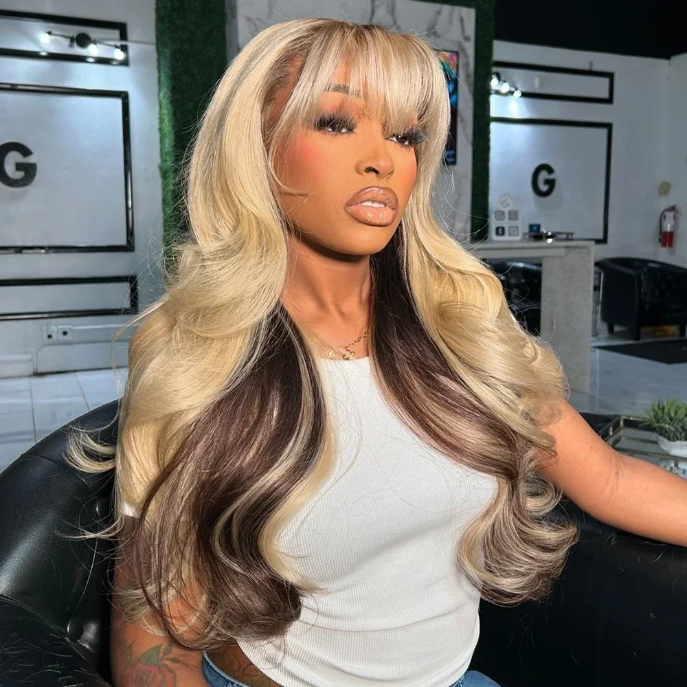 

613 Blonde Ombre Brown Human Hair Body Wave Wigs Highlights Transparent 13x4 13x6 Lace Frontal with Bangs for Women Pre Plucked