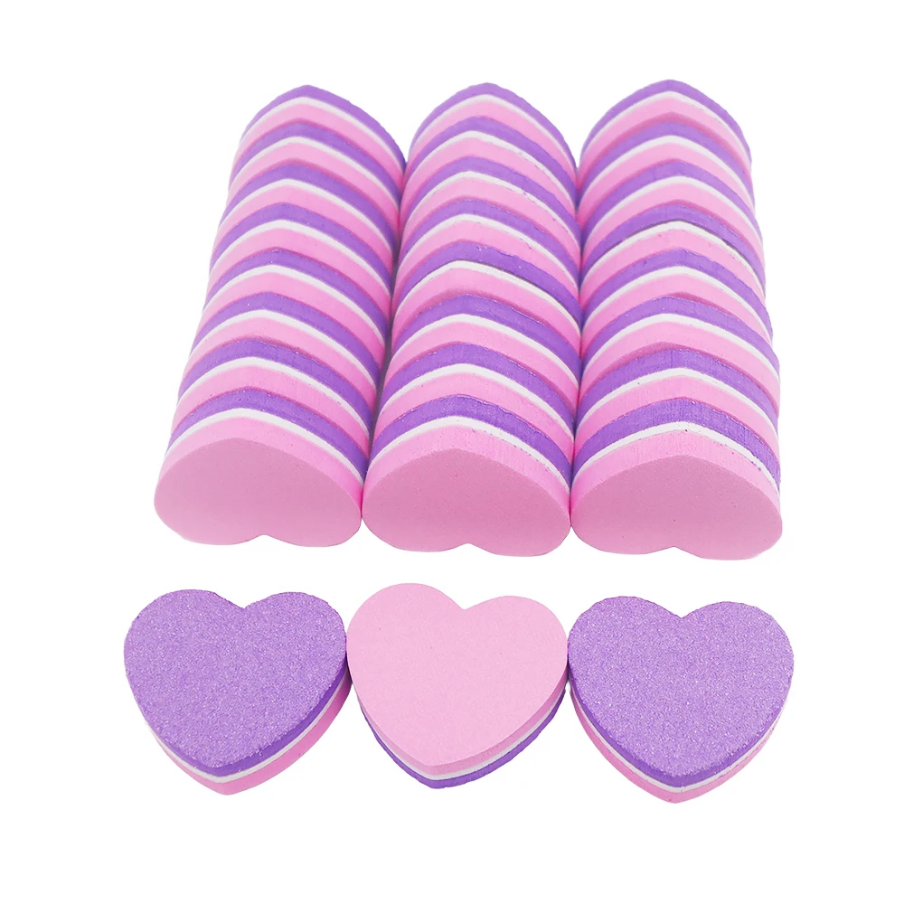 

200Pcs Mini Buffers Block Pink Purple Heart Shape Nail Files Set 100/180 Grit Double Sided Sanding Block Gel Polishing Manicure