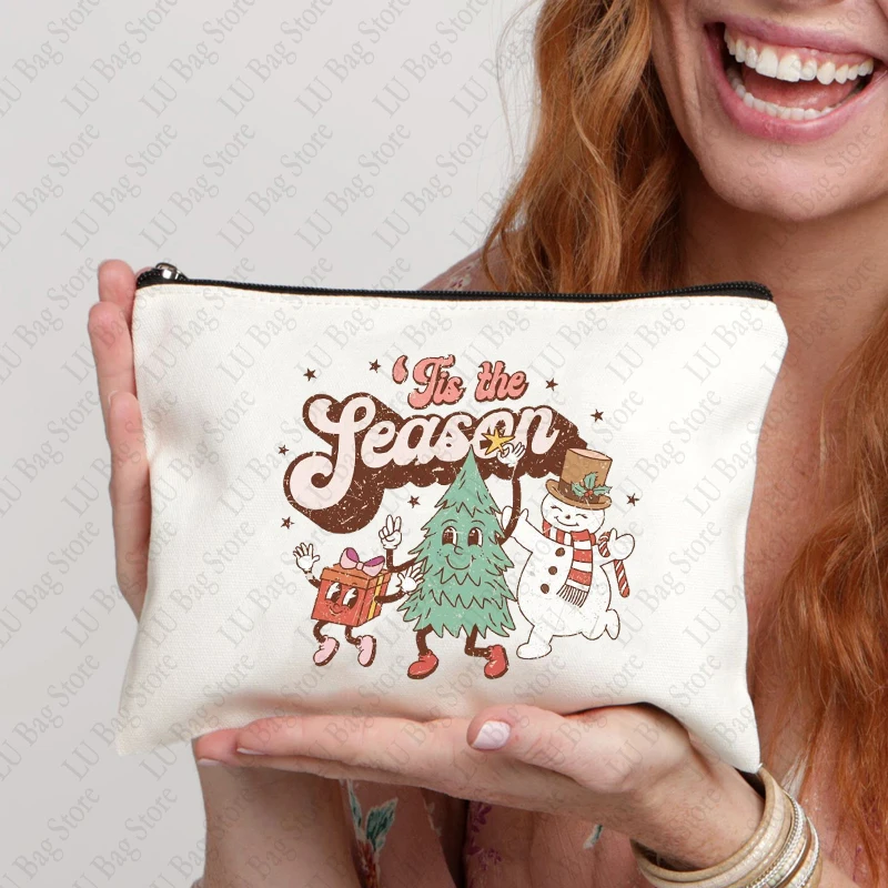 Tis The Season bolsa de maquillaje con patrón de árbol de Navidad, el mejor regalo para Navidad, bolsa de cosméticos de lona, bolsa organizadora, regalo de Año nuevo para ella