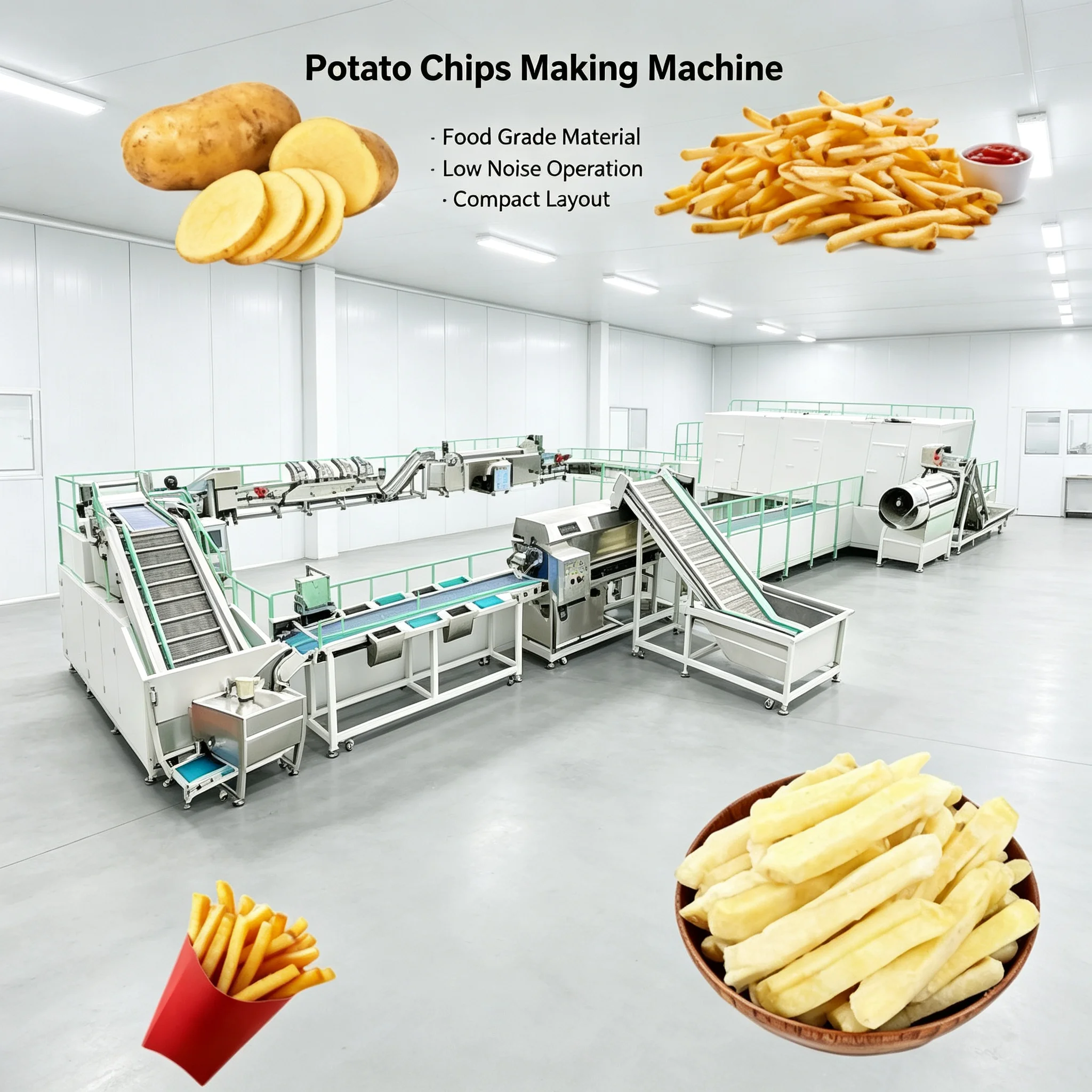 French Fries Production Line, Full‑set Potato Chips Processing System Automatic Control For Large Food Factory Customized