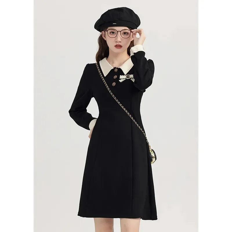 

Women's Dress 2024 Autumn Pear Shaped Figure Bow French Contrasting Long Sleeved Fashionable Waist Slimming and Stylish Dress WF