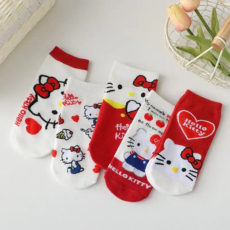 

5 Pairs Kawaii Sanrio Hello Kitty Red White Short Socks, Cute Girls Japanese Style Ankle Socks, Women's Stockings & Hosiery