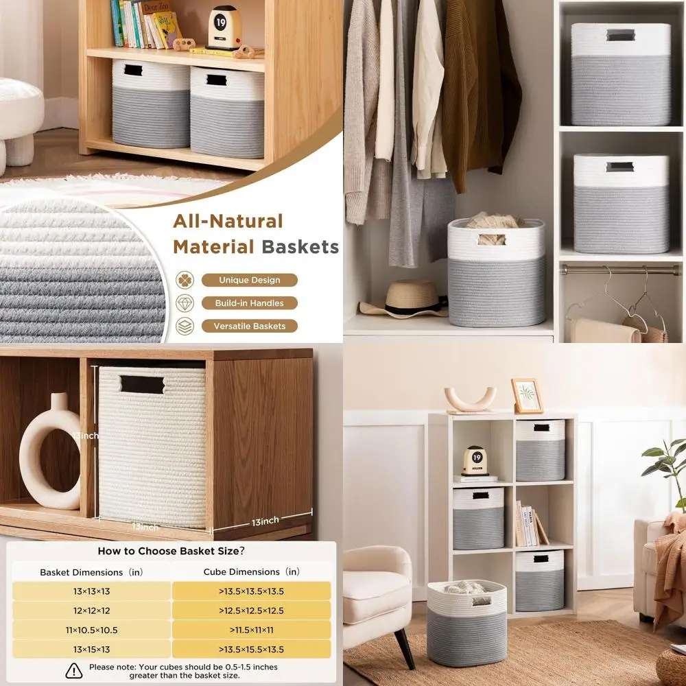 

Набор корзин для хранения из 4 предметов — 13 контейнеров для кубов из хлопковой веревки с ручками для игрушек, книг и организация белого/серого цвета