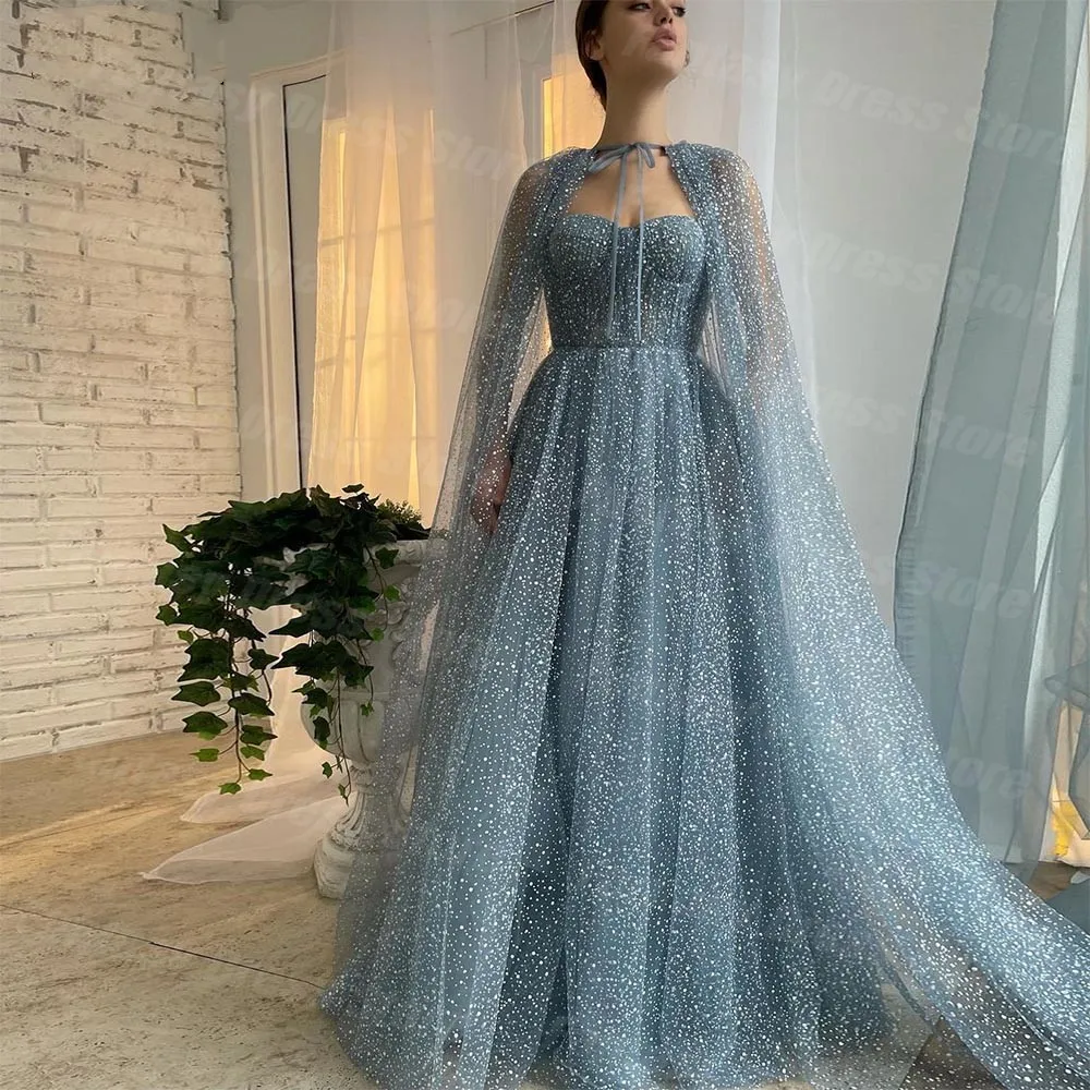 

2023 Elegant Blue Dotted Tulle Cape Sleeves Prom Dresses A-line Sweetheart Dubai Arab Evening Dresses فساتين مناسبة رسمية