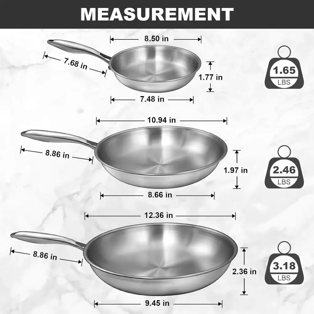 Stainless Steel Fry Pan Set, 8-12 Inch, Non-Stick, Induction Compatible, Oven and Dishwasher Safe, Even Heat Distribution