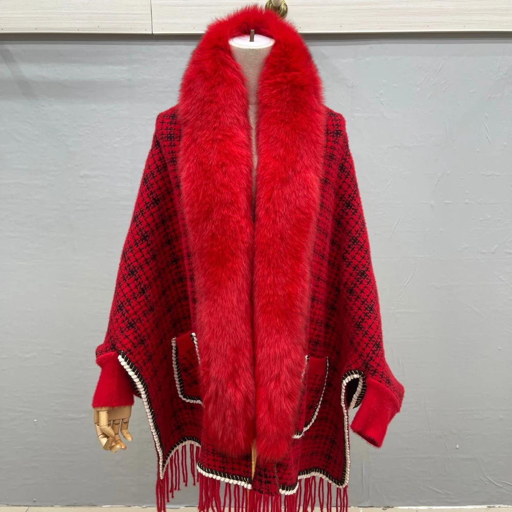 Abrigo de cuello de piel de zorro Real para mujer, chaqueta de invierno, Poncho de punto cálido, bufanda de borla de manga larga, cárdigan Vintage de gran tamaño