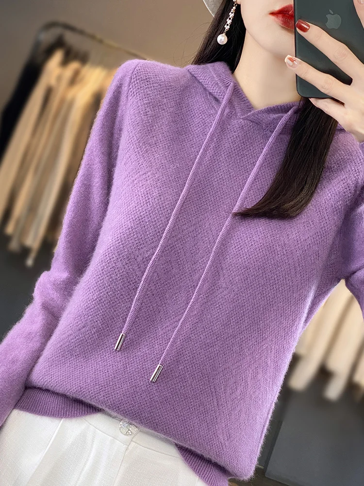 Winter Bloom Merino Wool Hooded Pullover Ladies Solid Basic Knit Sweater Soft Warm Long Sleeve Top for Winter Daily Outfit 6