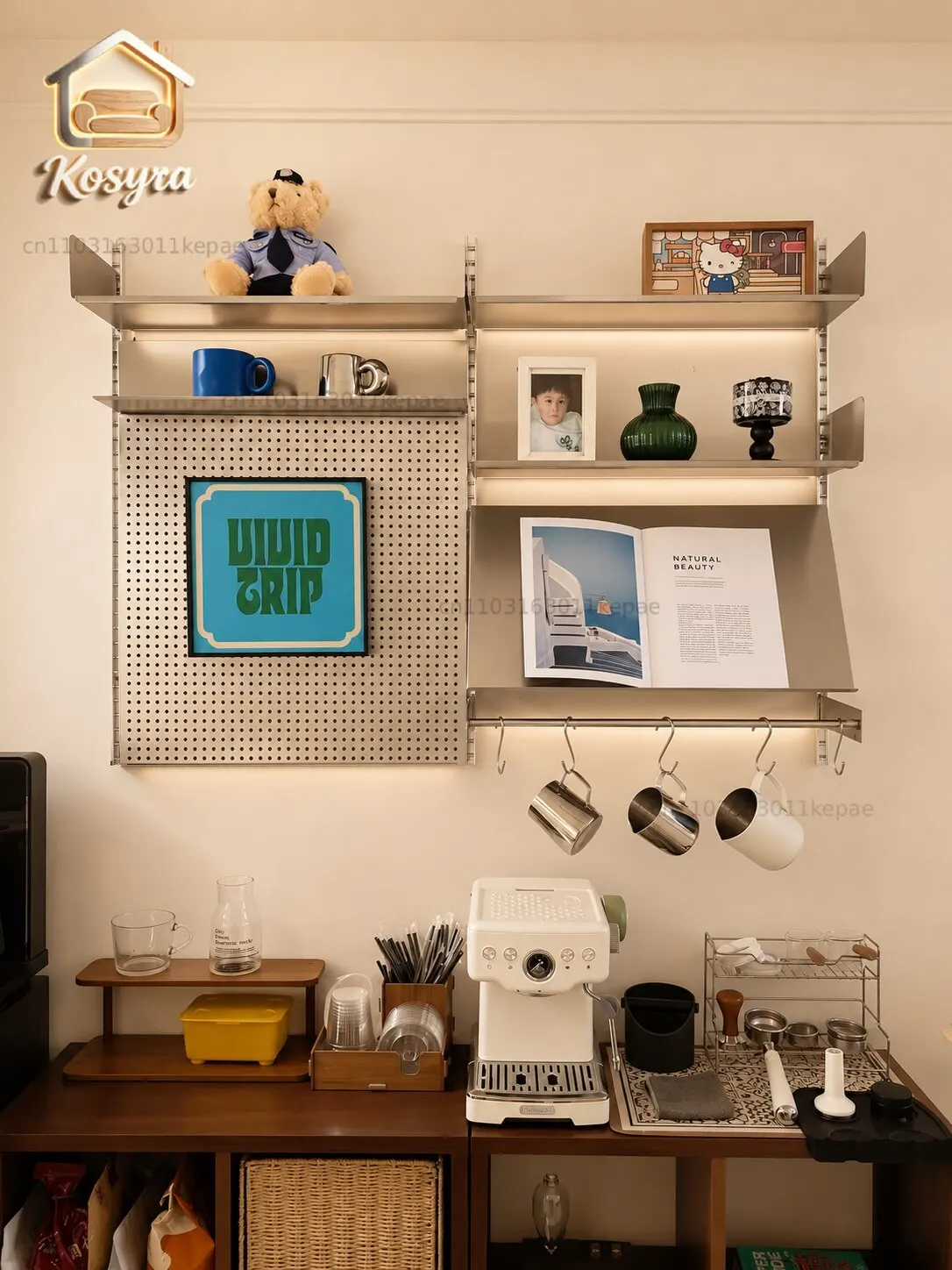 Suspended bookshelf Bauhaus metal hole plate shelf Stainless steel wall-mounted multi-layer baffle storage display rack