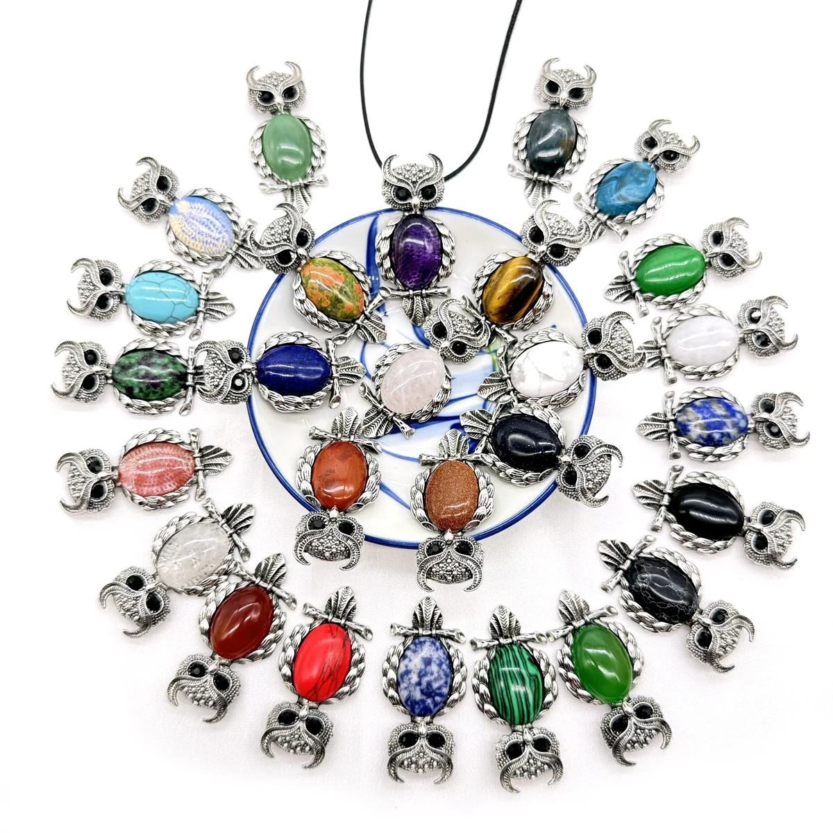 

Wholesale Natural Gem stone Quartz Crystal Amethyst agate owl alloy Animal pendant charms for DIY jewelry making necklace 10pc