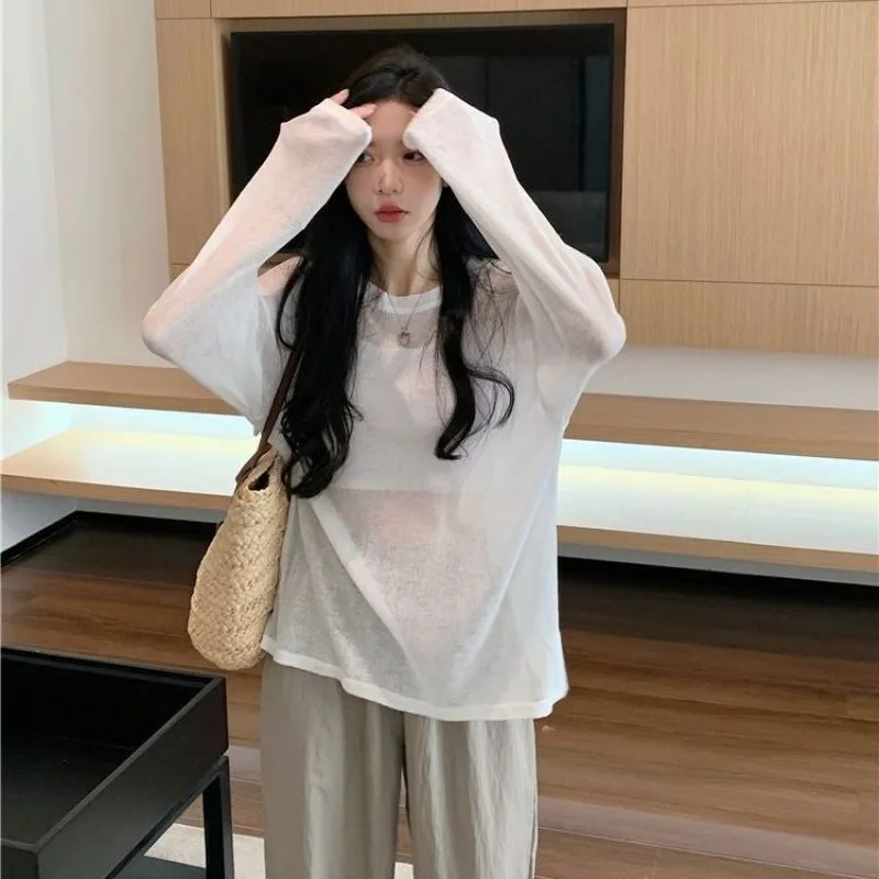 T-shirt sottile a maniche lunghe da donna, ampia, casual, elegante, con protezione solare, camicia base alla moda, girocollo, colore puro, pendolari, Harajuku