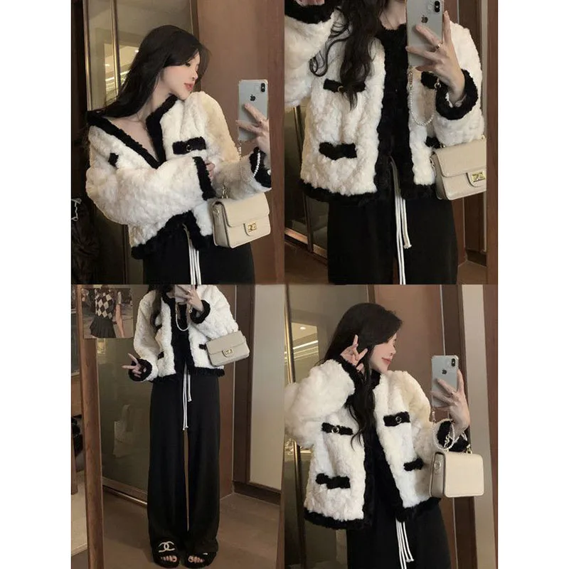 Black-and-White Splicing Lamb Plush Coat Women's Spring And Autumn Winter Advanced Design Sense Niche Fried Street Fluffy Coat