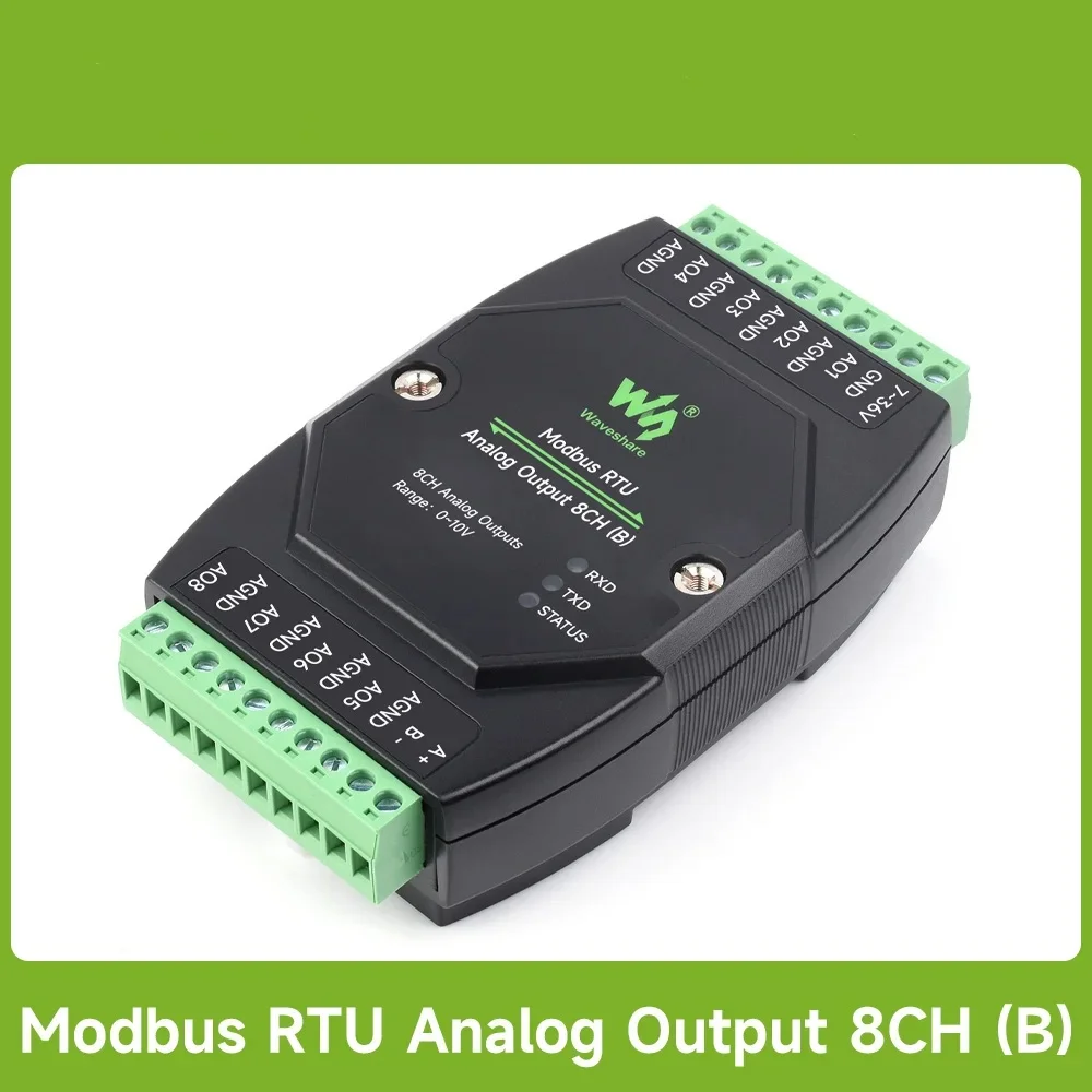 Waveshare Industrial 8-Ch Modbus RTU Analog Output Module DC 7~36V Wide Voltage Power Supply, Supports 8-ch Simultaneous Voltage