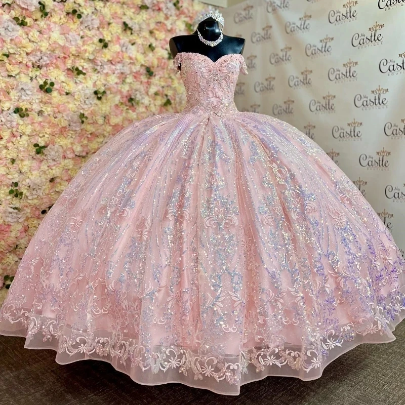 

Pink Sweetheart Sequin Appliques Lace Beads Off The Shoulder Quinceanera Dress Ball Gown Sweep Train Tulle Princess Party Prom