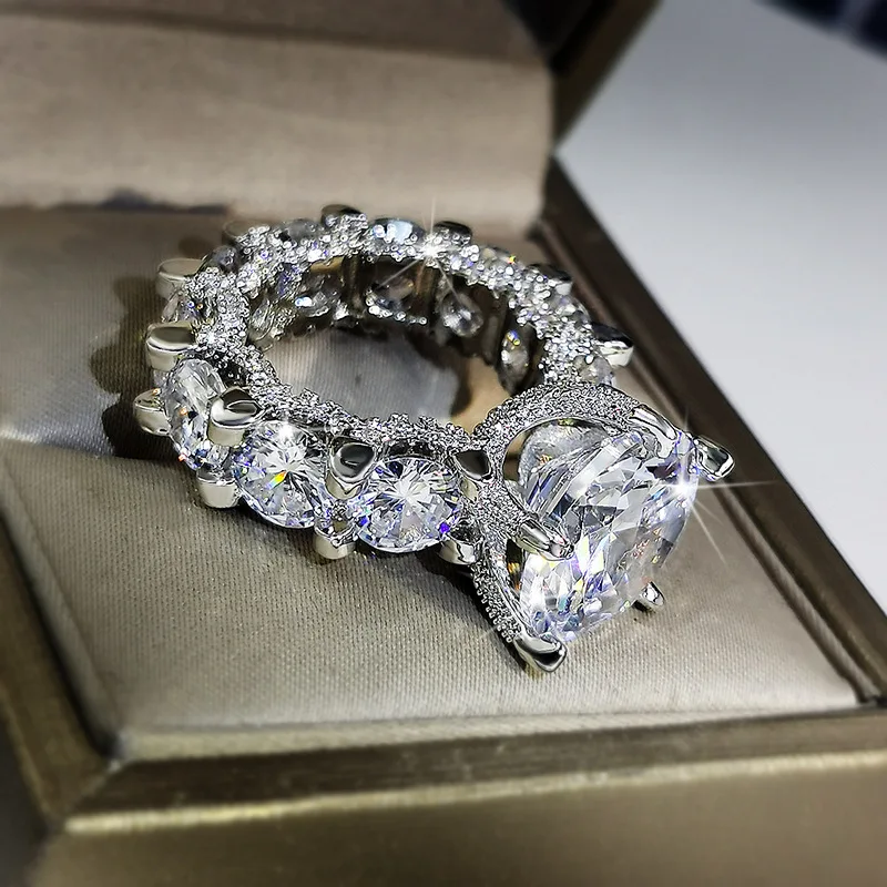 925 Stamp Ring White Zircon For Propose Wedding Engagement Ring Princess Inlaid Big Diamond Rings For Gift Girl Friend