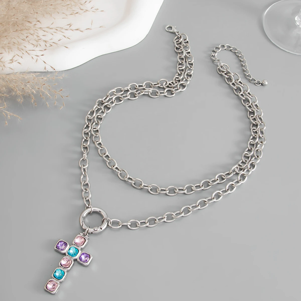 Ingemark Trendy Inlay Colorful Rhinestones Cross Pendant Necklace for Women Goth Silver Color Metal Chain Halloween Jewelry New