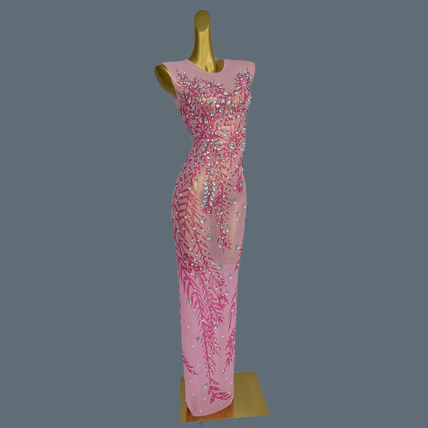 Fenzhu-vestido de fiesta de lujo de malla transparente para mujer, vestido de graduación rosa, diamantes brillantes, vestido de noche largo, fiesta de cumpleaños, vestido de gama alta, bata de banquete