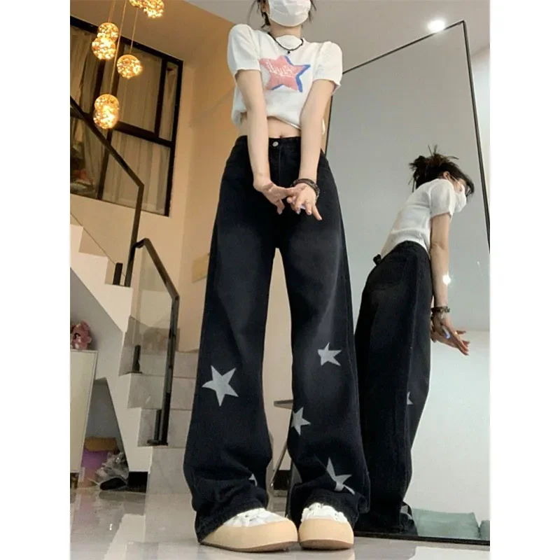 American Retro Star Print Jeans Women High Waist Slim Straight Wide Leg Trousers Button Zipper Pockets Trendy Loose Casual Pants