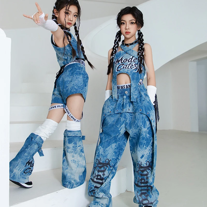 2025 Kpop bleu Jazz danse vêtements filles enfants Hip Hop Performance Costume mode défilé Concert scène vêtements été BL15522