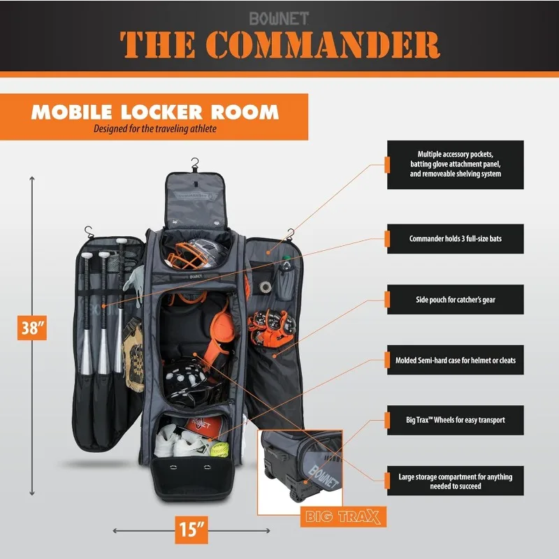 Bownet Commander Catcher's Bag Durable baseball and softball equipment bag with sturdy wheels for easy transportation