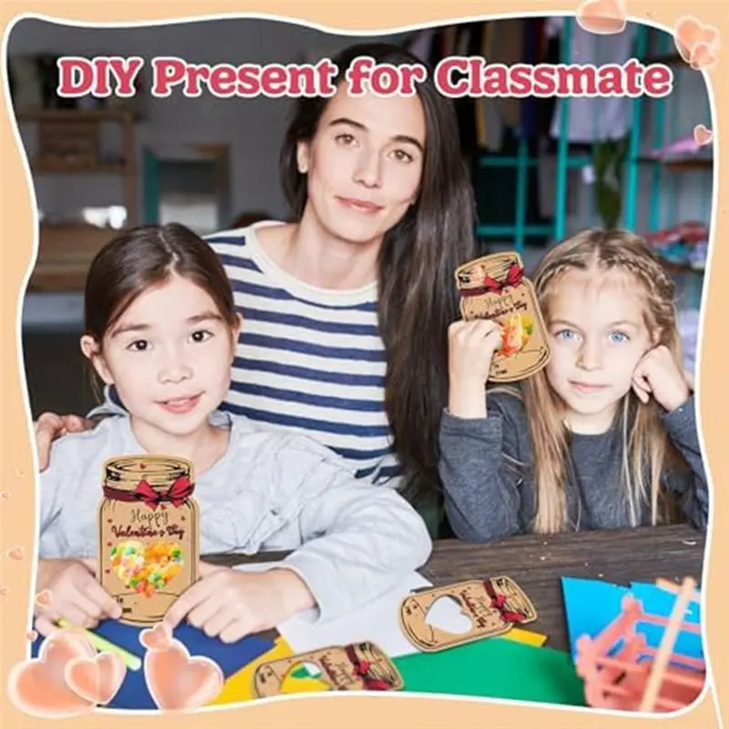 A29F-60PCS Kraft Paper Candy Jar Valentine Cards, Valentine's Day Candy Holder Card Jar Happy Valentine's Day Exchange Cards
