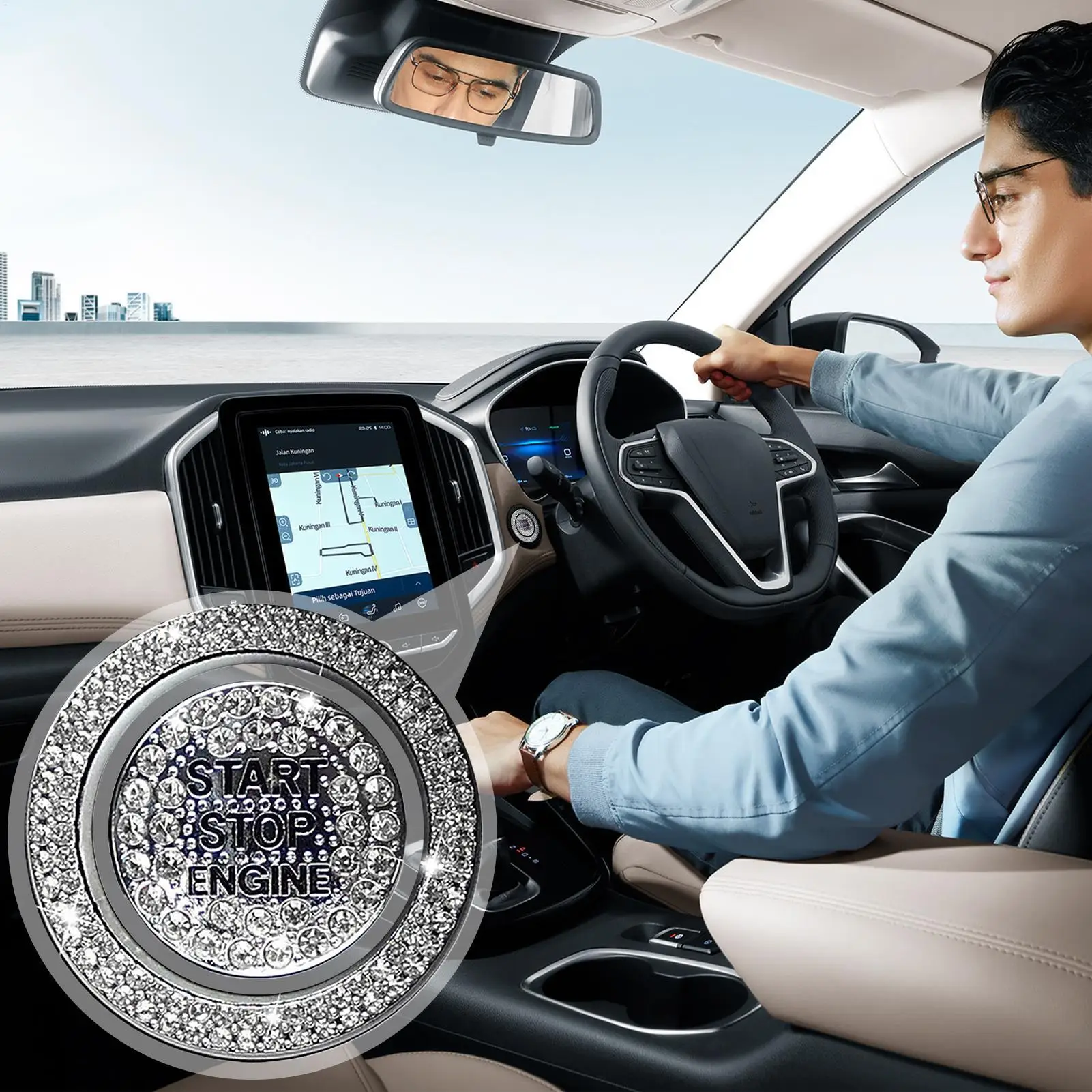 

Car Start Button Cover Rhinestone Decoration Decals Precision Adhesive Start Stop Button Cover For Women Men Girls Vehicle SUV