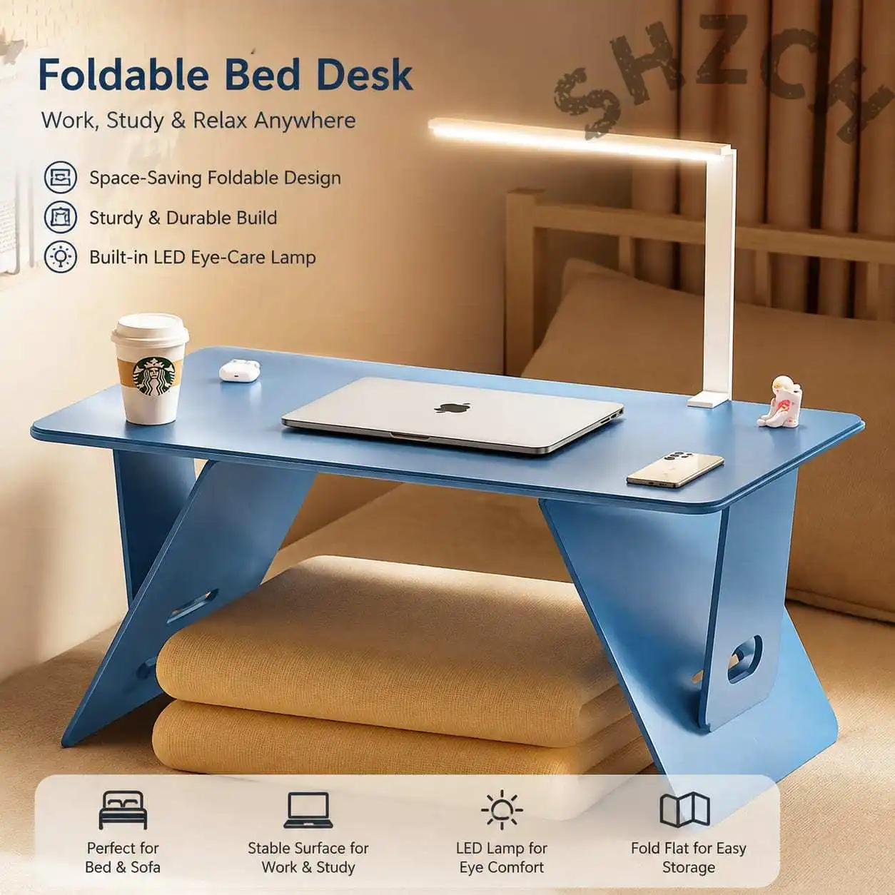 Foldable Laptop Desk with 4-Height Adjustment, Triangular Stability & Lightweight Italian Suede Top – Portable for Dorm, Bedroo