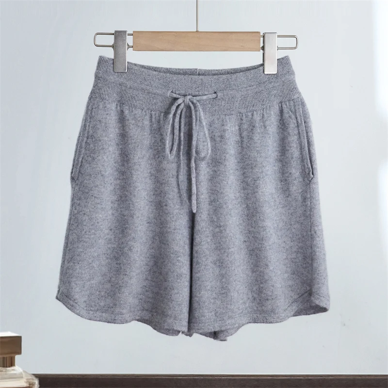 Women Wool Shorts Elastic Waist Simple Straight Short Pants Pocket Lace-up Causal 100% Merino Wool Knit Autumn Winter Fit Shorts
