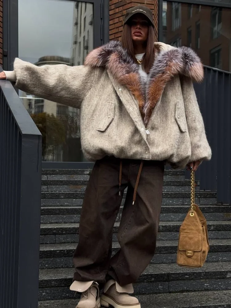 

Vintage Faux Fur Woolen Jacket Women Fashion Thicken Hooded Pocket Lantern Sleeve Elastic Waist Coat 2026 Female Daily Outwear