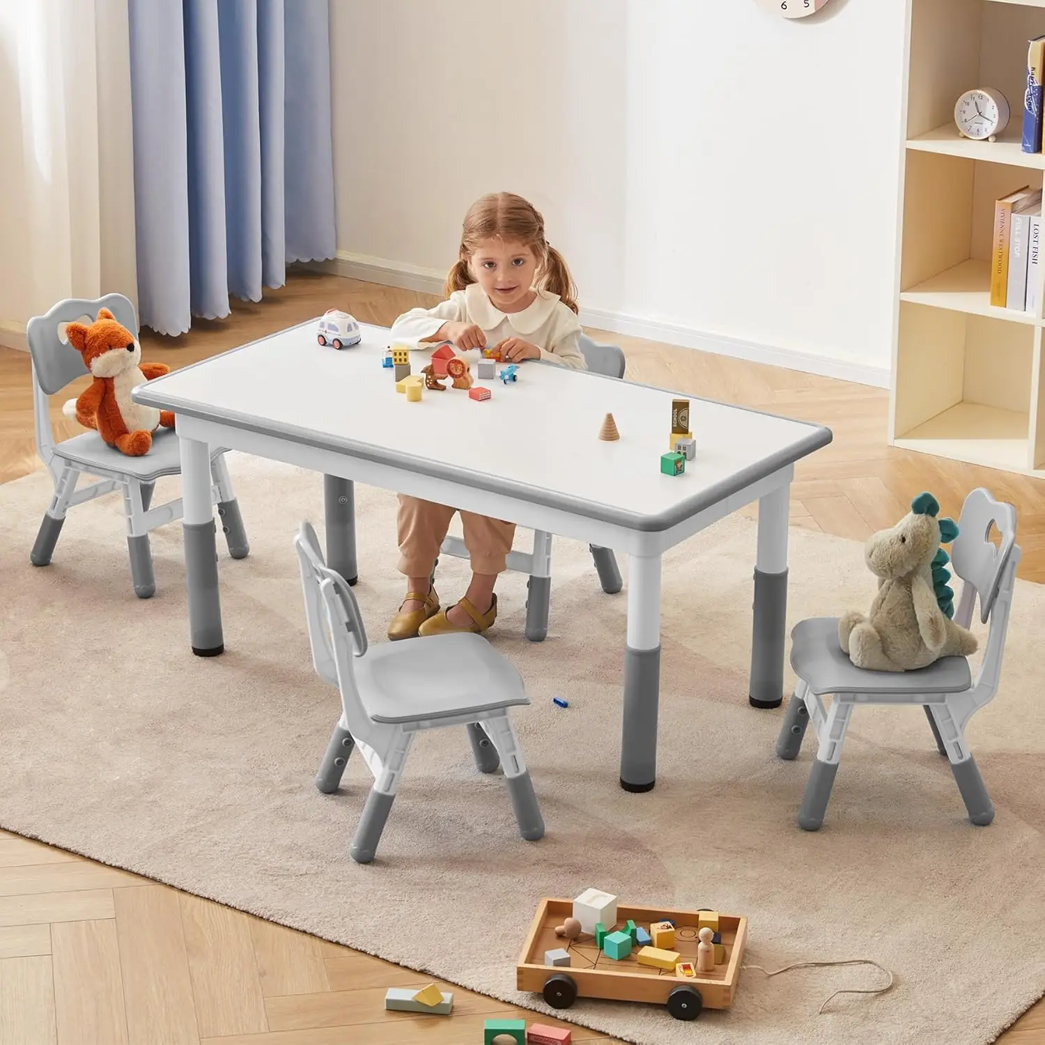 طقم طاولة وكراسي دراسة للأطفال، ارتفاع قابل للتعديل، سطح جرافيتي (رمادي)