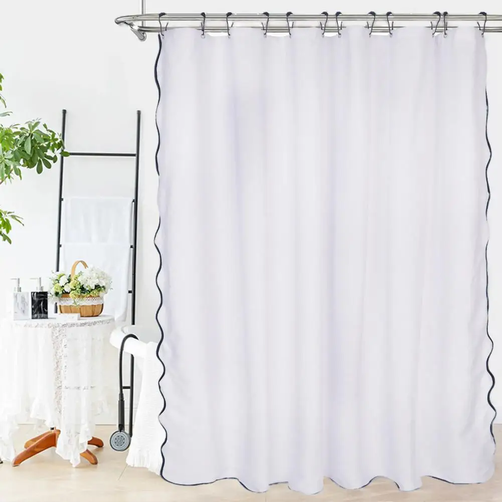Washable Bathroom Curtain Heavy Duty Scalloped Shower Curtain with Black Border Waterproof Washable Linen Fabric Long Bathroom
