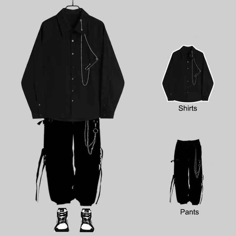 ARENS Techwear Men\'s Sets Black Cargo Pants Men\'s Shirt Kit Long Sleeve Shirts Chain Korean Streetwear Hip Hop Harajuku Spring