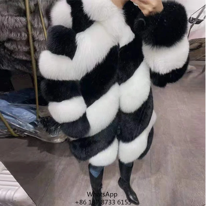 

Women Black And White Striped Fox Fur Coat Long Winter Warm Ladies Fur Jacket Outerwear