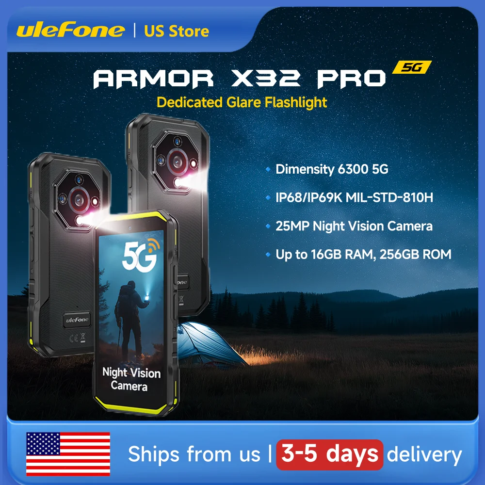 Ulefone Armor X32 Pro 5G Rugged Phone Android 15 Waterproof Up to 16GB RAM 256GB ROM 25MP Night Vision 64MP Camera 5500mAh NFC Global Smartphone