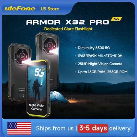 Ulefone Armor X32 Pro 5G Rugged Phone Android 15 Waterproof Up to 16GB RAM 256GB ROM 25MP Night Vision 64MP Camera 5500mAh NFC Global Smartphone