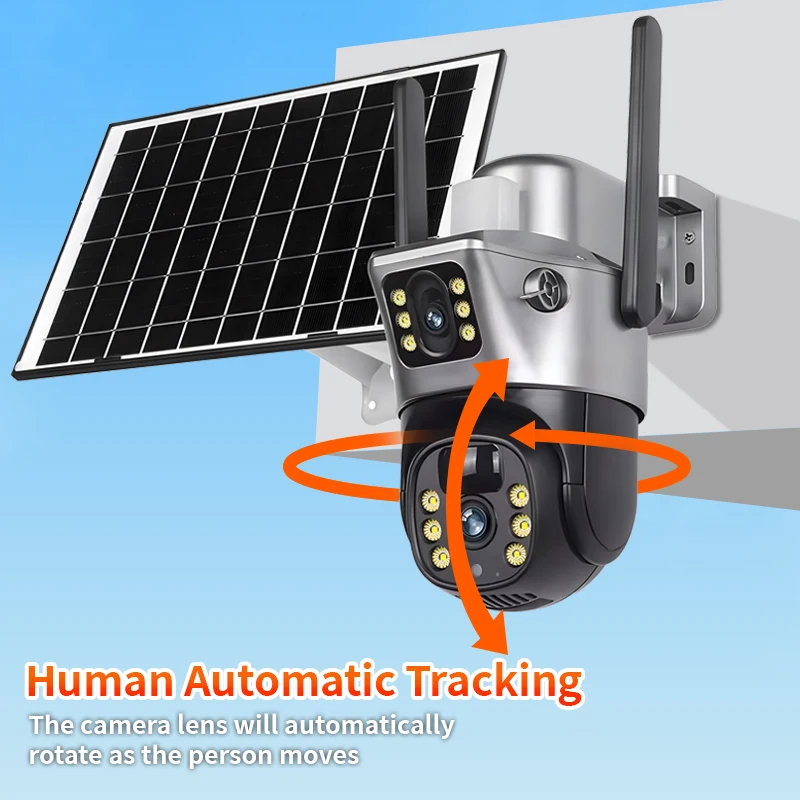 V380 كاميرا تعمل بالطاقة الشمسية في الهواء الطلق 4G بطاقة Sim 4MP عدسة مزدوجة واي فاي كاميرا IP لوحة طاقة شمسية مقاومة للمياه PTZ اتجاهين الصوت سحابة بطاقة الذاكرة