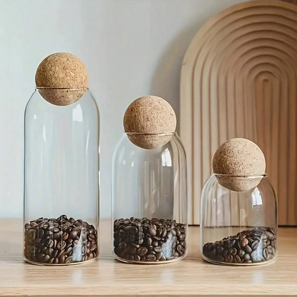 3Pcs Set, 600Ml/800Ml/1200Ml Glass Food Storage Jar, with Sealed Cork, Transparent Food Storage Jar Container, with Sealed Cork Round Stopper, Suitable for Kitchen Food Storage Room, Tea, Coffee, Sugar, Flour, Spices, Cereals, Nuts, Candies, Biscuits, Kitchen Accessories