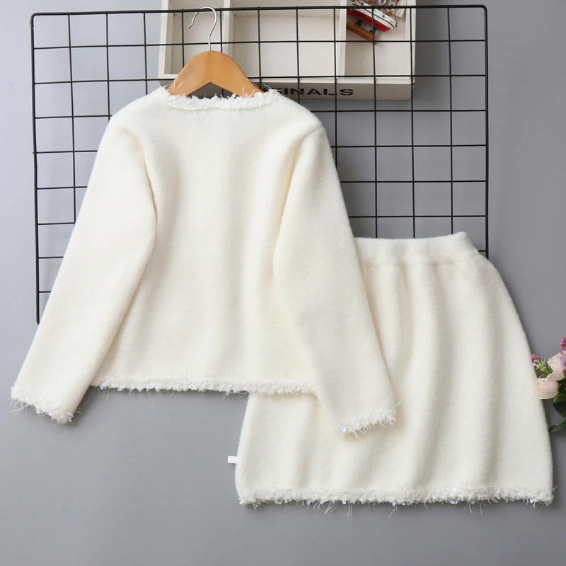 IYEAL 7-12Y Girls' 2026 Autumn And Winter New Sweater Cardigan+Short Skirt Set, Elegant Two-Piece Sweater Set For Girls