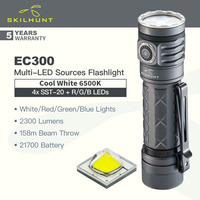 Skilhunt EC300 (Cool White Version, 6500K) Multi-LED Sources Flashlight, White/Red/Green/Blue Lights, 2600 Lumens, 21700 Battery