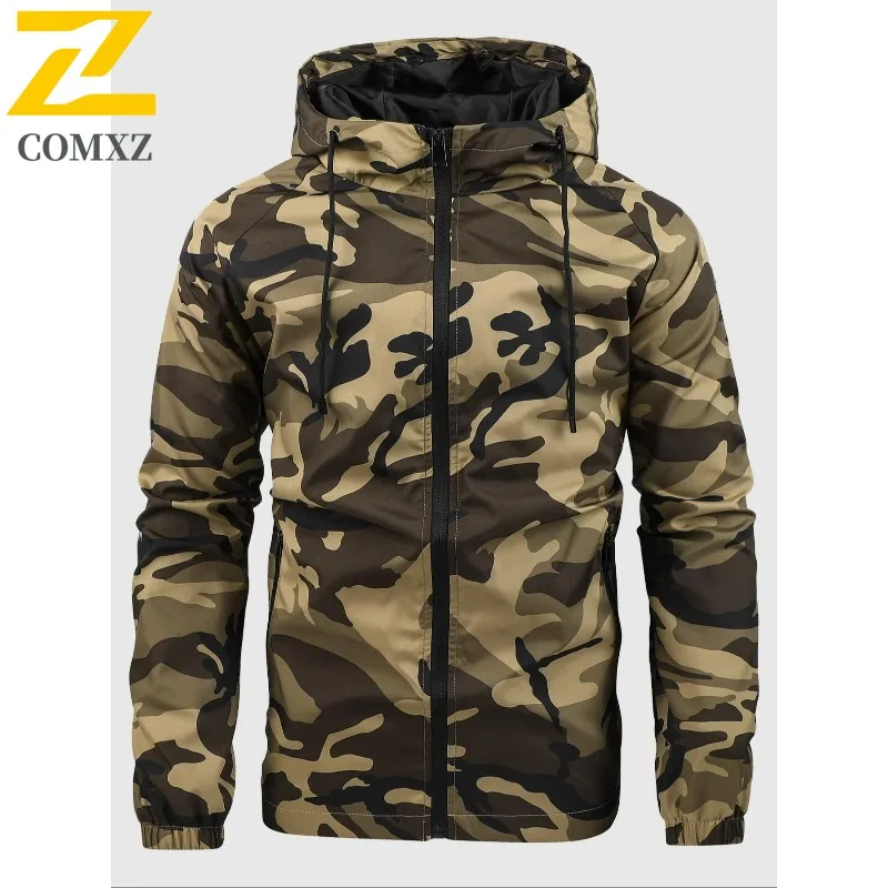 

COMXZ Luxurious Mens Camo Jacket 2025 New Classics Hooded Hunting Wear Resistant Coat Trendy Streetwear Style Autumn Garment